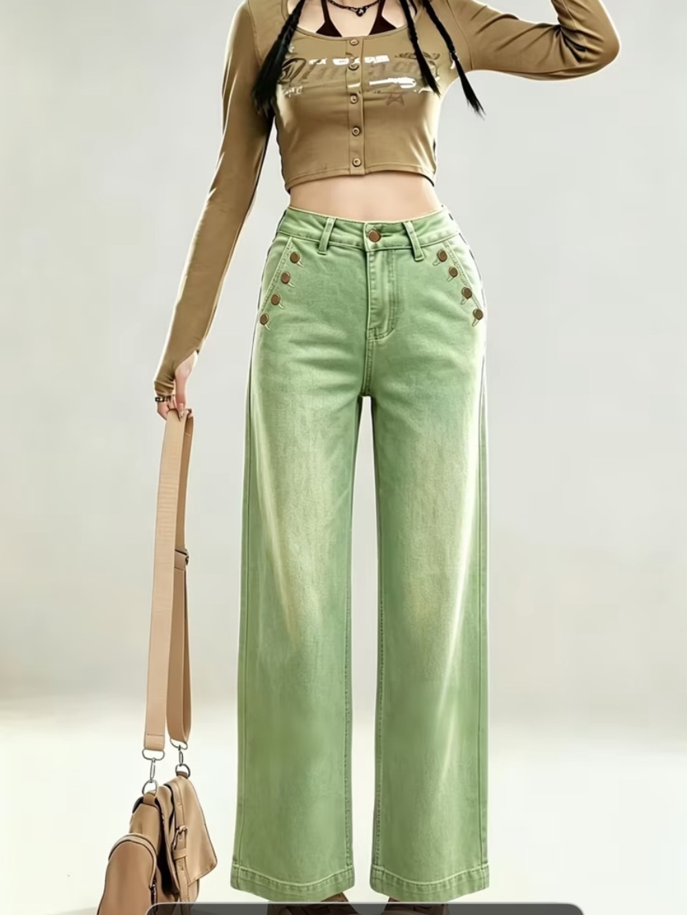 High-Waist Wide-Leg Pants in Sage Green